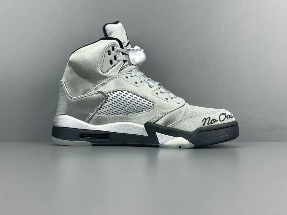 Air Jordan 5 Sail Silver No One embroidered satin sneakers with black and white sole