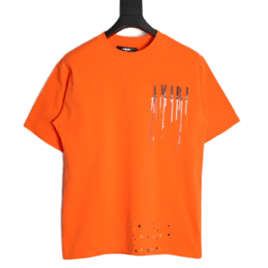 Amiri T-shirt orange cotton with paint drip graphic and distressed detailing