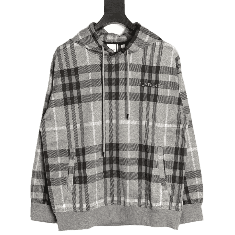 Burberry hoodie grey black white plaid cotton sweatshirt with front pockets and drawstring hood