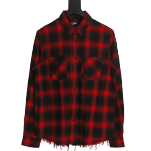Amiri shirt red black checkered cotton long sleeve frayed hem casual shirt