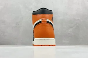 Nike Air Jordan 1 High OG Shattered Backboard orange white black leather sneakers viewed from heel