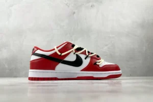 Nike Dunk Low Off-White Chicago red white black leather sneakers with signature zip-tie detail
