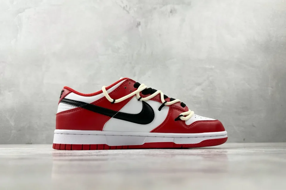 Nike Dunk Low Off-White Chicago red white black leather sneakers with signature zip-tie detail