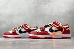 Nike Dunk Low Off-White Chicago red white black leather sneakers with orange zip tie detail