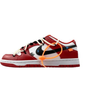 Nike Dunk Low Off-White University Red white black leather sneakers with orange zip tie detail
