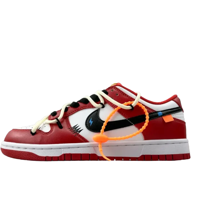Nike Dunk Low Off-White University Red white black leather sneakers with orange zip tie detail