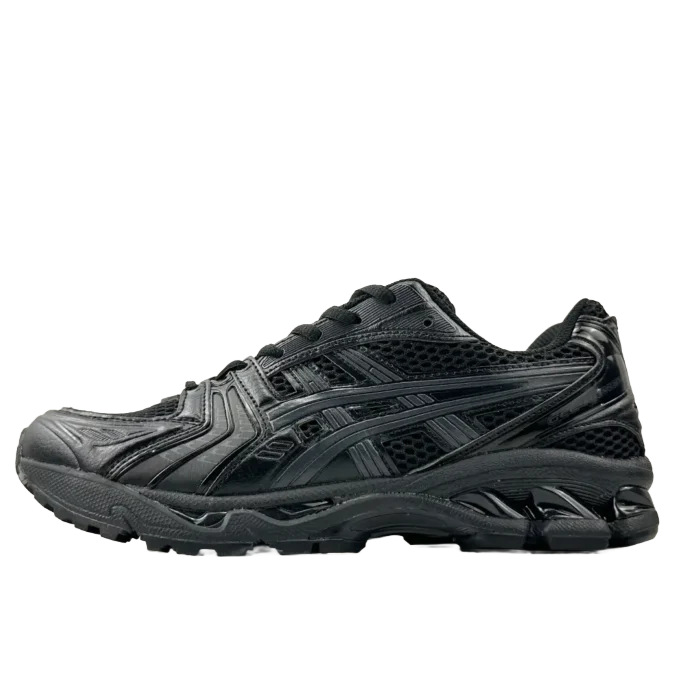 ASICS Gel-Kayano 14 black leather mesh sneakers with durable sole and supportive design