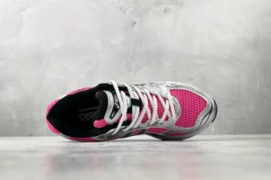Asics GEL-Kayano 14 fuchsia pink silver mesh leather sneakers with black inner lining and white laces