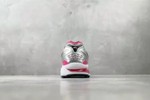 Asics Gel Kayano 14 silver pink white mesh leather sneakers rear view on concrete floor