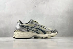 ASICS Gel-Kayano 14 silver graphite beige mesh sneakers with synthetic overlays and rubber sole