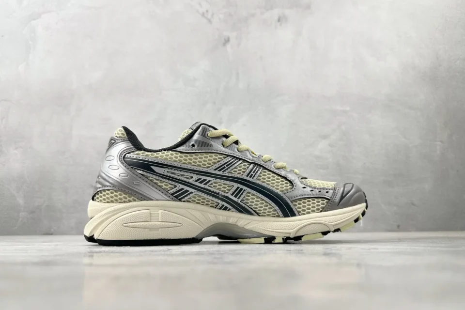 ASICS Gel-Kayano 14 silver graphite beige mesh sneakers with synthetic overlays and rubber sole