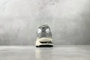 Asics Gel-Kayano 5 OG silver cream mesh and synthetic sneakers viewed from the back
