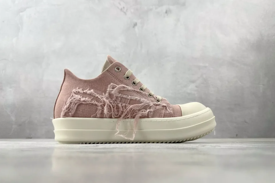 Rick Owens DRKSHDW low-top distressed pink canvas sneakers with thick off-white rubber sole