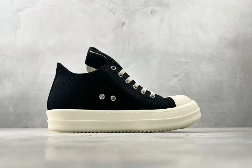Rick Owens DRKSHDW Ramones black off-white canvas sneakers with rubber sole