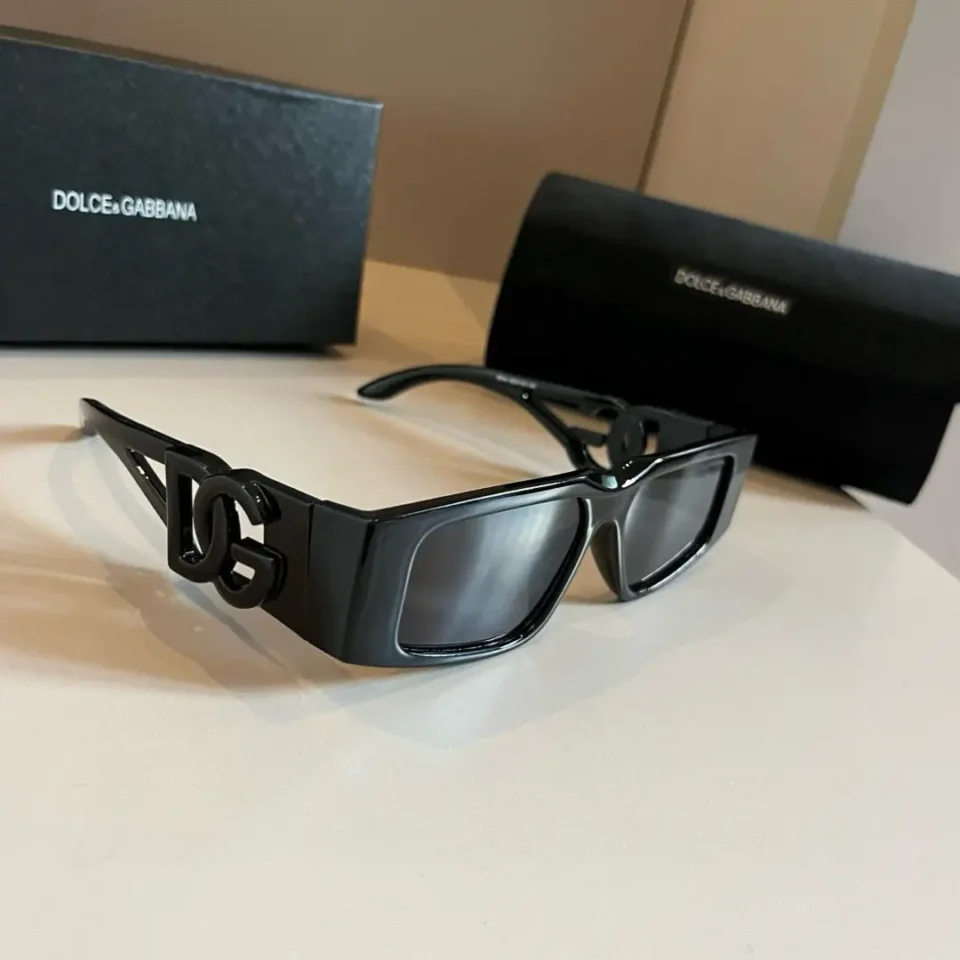 Dolce & Gabbana sunglasses black acetate frame dark gray lenses oversized DG logo arms
