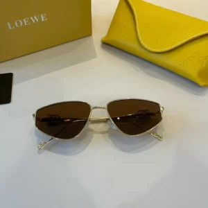 Loewe Sunglasses yellow leather case gold metal frame brown lens angular accessories
