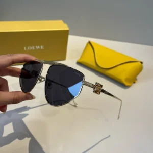 Loewe aviator sunglasses silver metal frame black lenses luxury design with yellow leather case and box