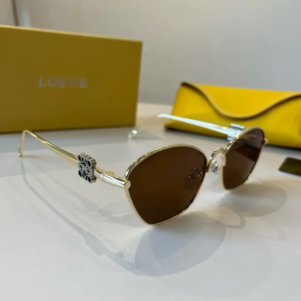 Loewe sunglasses gold frame brown lenses metal with yellow leather case and branded box in background