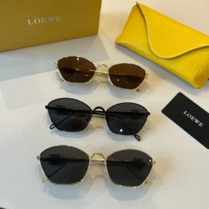 Loewe sunglasses geometric frames brown black lenses metal material luxury eyewear set with yellow leather case and black card