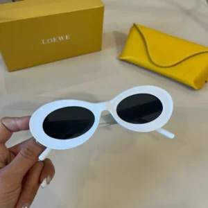 Loewe oval sunglasses white frame black lenses acetate with yellow leather case and branded box
