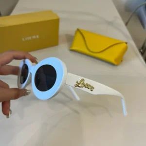 Loewe sunglasses white frame black round lenses gold logo detail