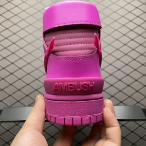 AMBUSH x Nike Dunk High Pink vivid leather sneakers with embossed branding on heel collar