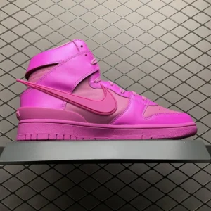 Nike Dunk High Pink Foam leather sneakers with tonal pink swoosh and rubber sole