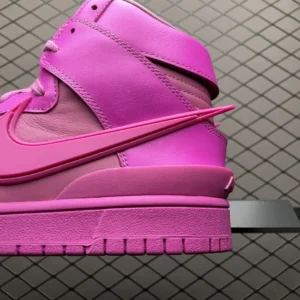Nike Dunk High SP Pink Dawn Echo Pink leather sneakers with extended Swoosh and textured sole