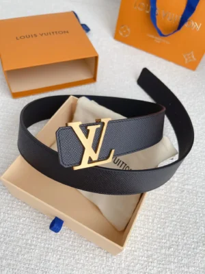 Louis Vuitton men's belt replica with gold letter buckle, displayed in an orange box, showcasing quality craftsmanship and luxury design.