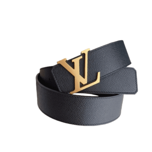 Louis Vuitton men's belt replica with gold letter buckle, featuring a double-sided calf leather design and a width of 40mm.