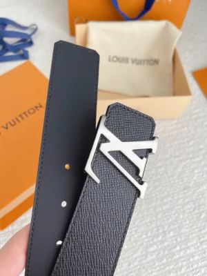 Louis Vuitton men's palm print belt featuring a stainless steel buckle, double-sided calf leather, and a 40mm width, displayed with branded packaging.