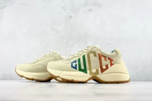Gucci Rhyton sneaker cream leather multicolor glitter logo thick sole sneakers