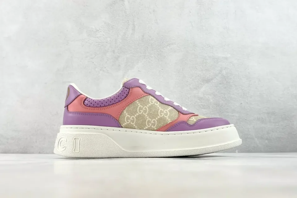 Gucci Rhyton GG Supreme pink purple beige leather canvas sneakers with white sole