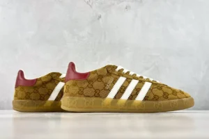Adidas Gazelle brown GG canvas white leather stripes gum rubber sole sneakers
