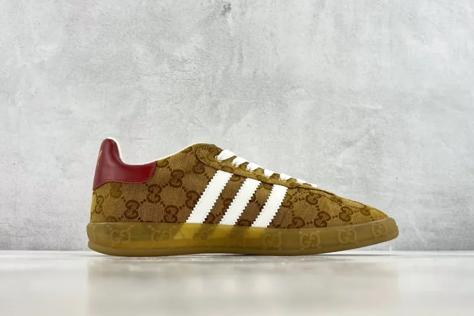 Adidas Samba OG brown beige GG canvas white leather stripes red leather heel sneakers