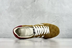 Adidas Gazelle brown monogram canvas white stripes red suede heel sneakers
