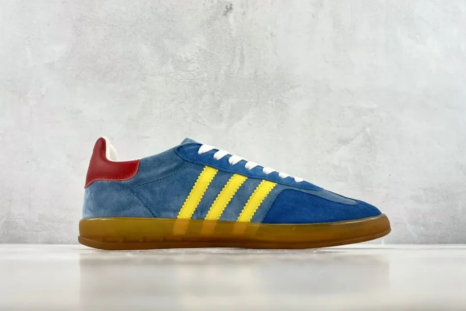 Adidas Samba OG blue yellow red suede sneakers with gum rubber sole and white laces