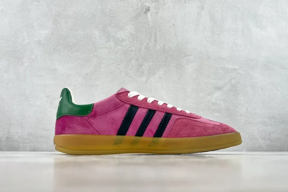 Adidas Samba OG ruby red green gum rubber suede sneakers with black stripes and white laces