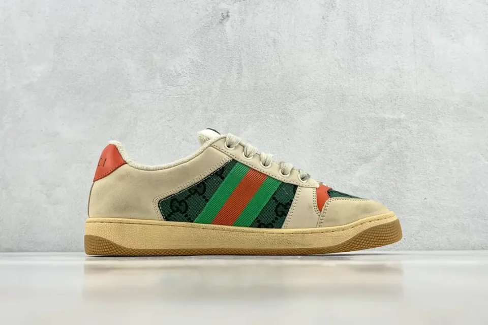 Gucci Screener vintage beige leather green red web stripe canvas sneakers