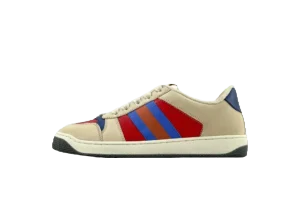 Gucci Screener Distressed Leather sneaker in beige, red, and blue colorway, showcasing a stylish design with prominent stripes, featured for sale at RepsGoat for 9.00.
