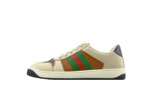 Gucci Screener distressed leather sneaker featuring a beige base with green and brown stripes, designed for fashion enthusiasts seeking stylish footwear.