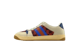 Gucci Screener distressed leather sneakers featuring vibrant blue and orange stripes, showcased as part of RepsGoat's affordable replica sneaker collection.
