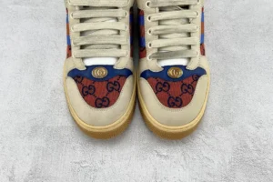 Gucci Screener Distressed Leather sneakers featuring a beige and blue design with the iconic GG logo on the toe, suitable for luxury replica shopping.
