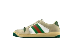 Gucci Screener Distressed Leather sneaker in beige with green and red stripes, showcasing a stylish design for sneaker enthusiasts.