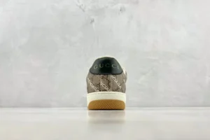 Gucci Screener Distressed Leather sneakers featuring a patterned back view with logo detail, suitable for luxury fashion enthusiasts.