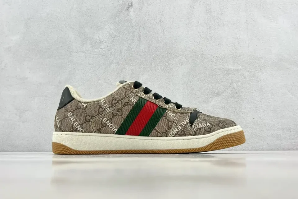 Balenciaga Arena Sneakers brown monogram canvas with green red web stripe gum sole shoes