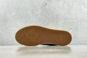 Gucci Screener distressed leather shoe sole with textured gum rubber bottom, showcasing brand logo and craftsmanship details.