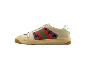 Gucci Screener Distressed Leather sneaker featuring signature green and red stripes, showcased in a side view for sneaker enthusiasts.