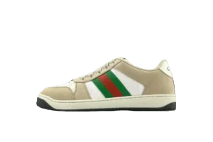 Gucci Screener Distressed Leather sneaker in beige with green and red stripes, featured in RepsGoat's sneaker collection.