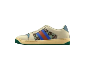 Gucci Screener Distressed Leather sneakers featuring blue, red, and green stripes, showcasing a stylish design with a vintage aesthetic, available for 9.00 on RepsGoat.